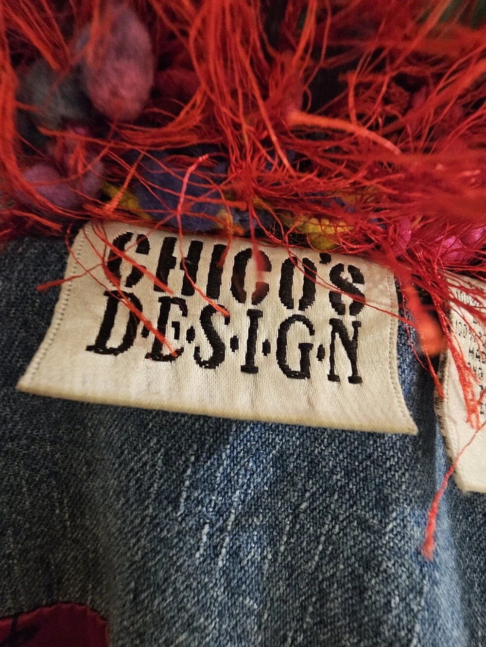 Chicos Vintage Designer Jean Jacket With Red Tinsel Trim.